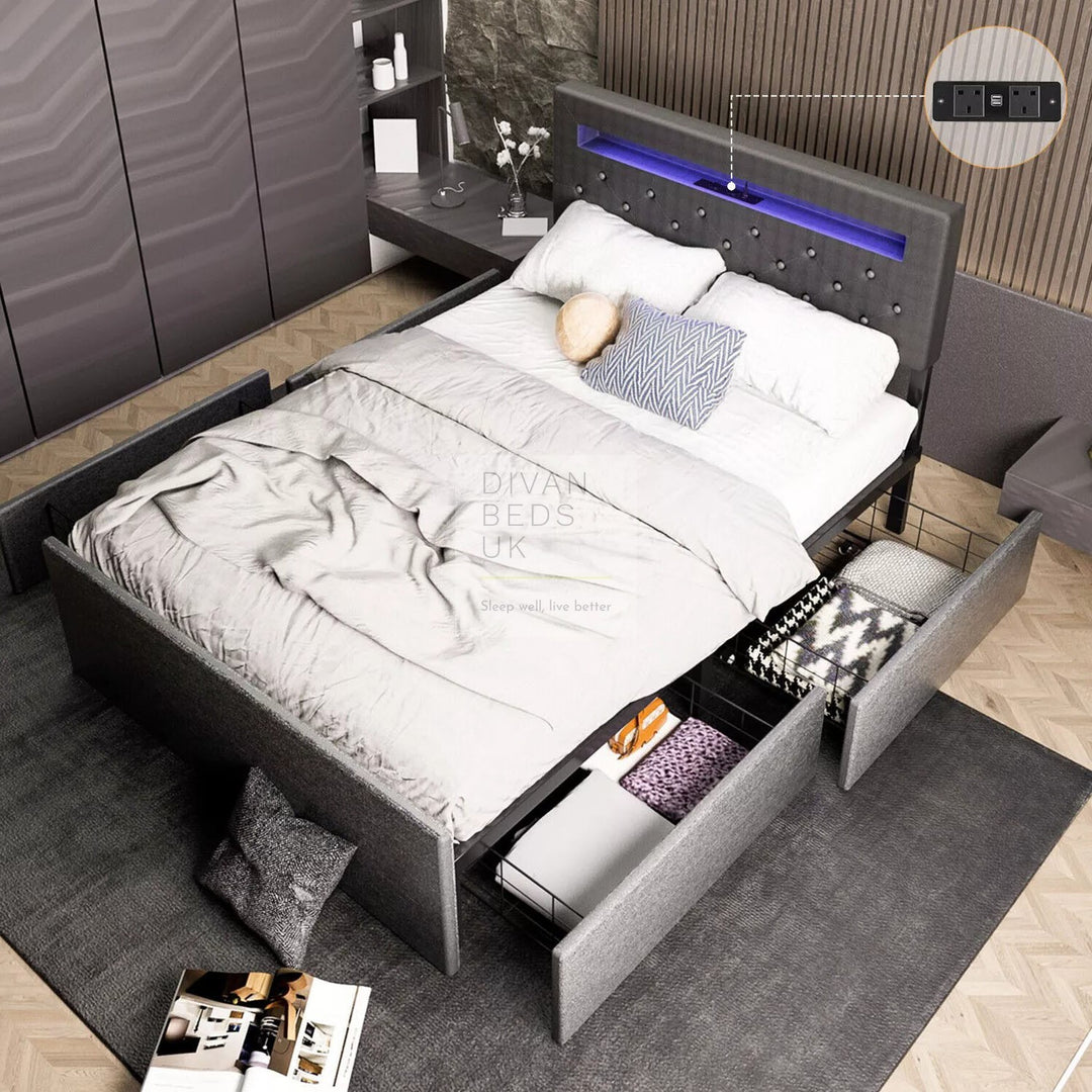 Hendricks 4 Drawer Charcoal Linen Smart Bed with Storage Headboard with LED Lights & USB Charging Shelf