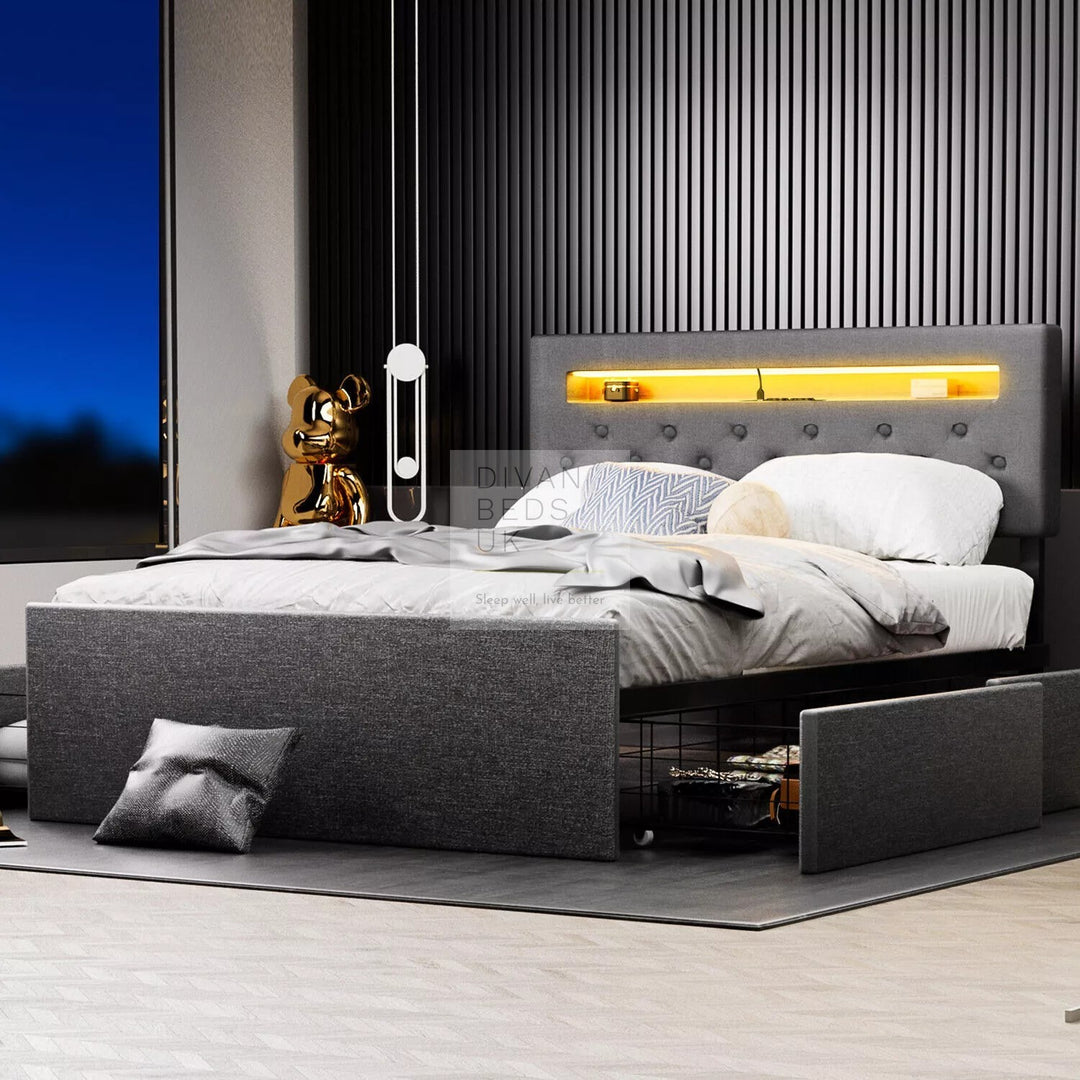 Hendricks 4 Drawer Charcoal Linen Smart Bed with Storage Headboard with LED Lights & USB Charging Shelf