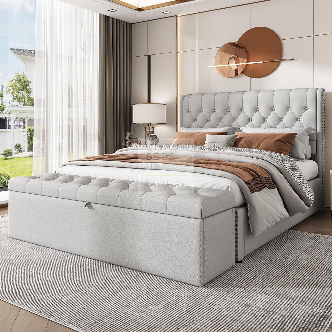 Dangelo Grey Linen Ottoman Storage Sleigh Bed Frame with Optional Storage Box
