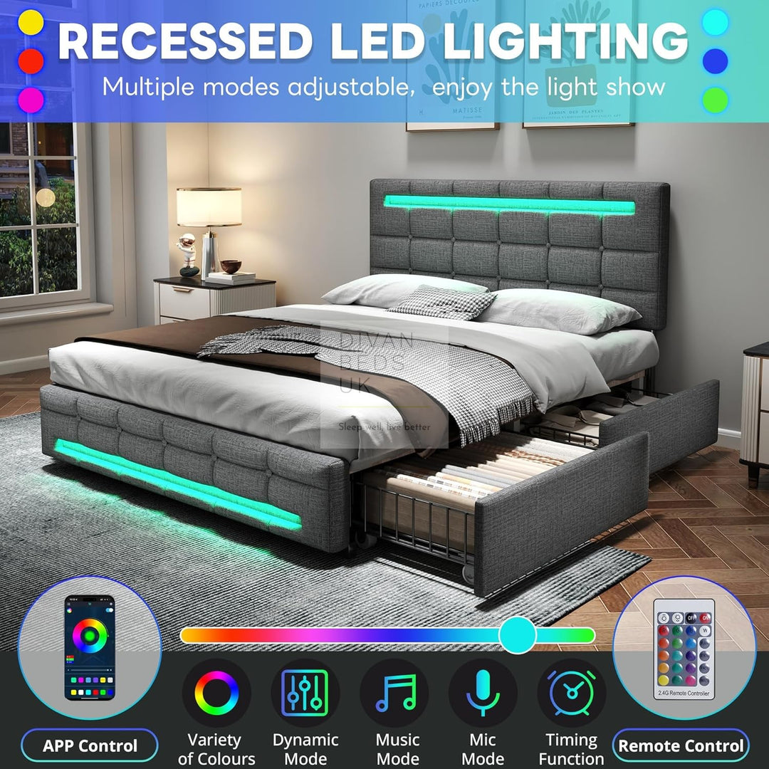 Rogelio 4 Drawer Storage Grey Charcoal Linen Smart Bed with LED Lights