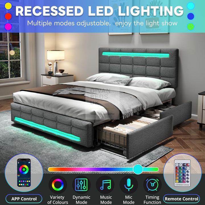 Rogelio 4 Drawer Storage Grey Charcoal Linen Smart Bed with LED Lights