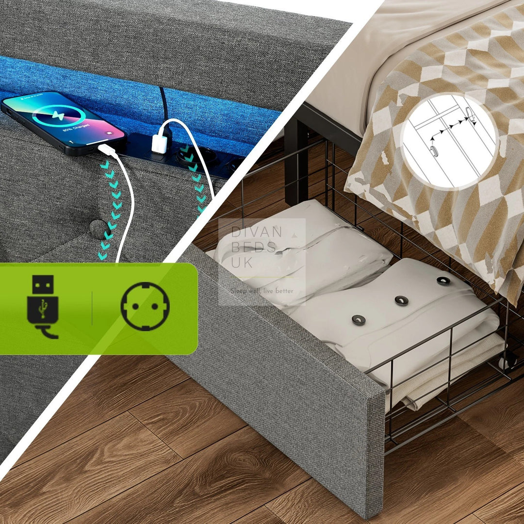 Livorno Grey Linen 4 Drawer Storage Smart Bed with LED Lighting, Power Outlets, USB, Bluetooth Speakers and Headboard Shelf