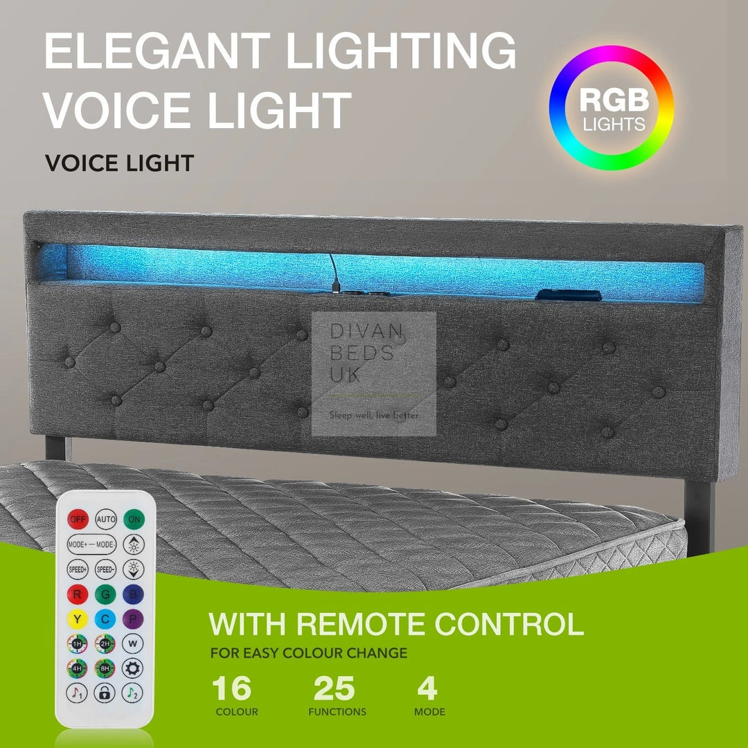 Livorno Grey Linen 4 Drawer Storage Smart Bed with LED Lighting, Power Outlets, USB, Bluetooth Speakers and Headboard Shelf