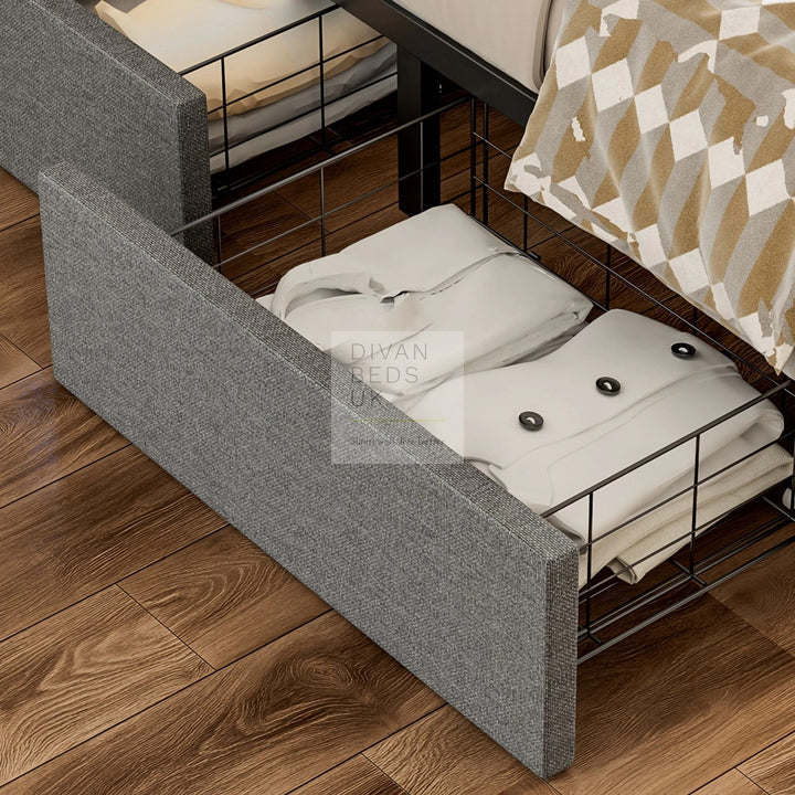 Livorno Grey Linen 4 Drawer Storage Smart Bed with LED Lighting, Power Outlets, USB, Bluetooth Speakers and Headboard Shelf