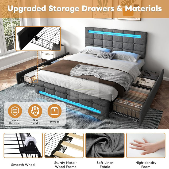 Rogelio 4 Drawer Storage Grey Charcoal Linen Smart Bed with LED Lights