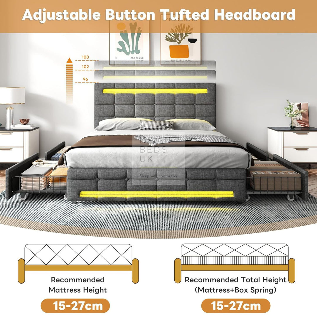 Rogelio 4 Drawer Storage Grey Charcoal Linen Smart Bed with LED Lights