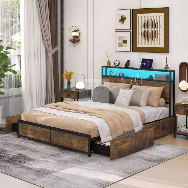 Henry Metal Divan Bed with 4 Drawers with Headboard, Reading Lights & USB Charging