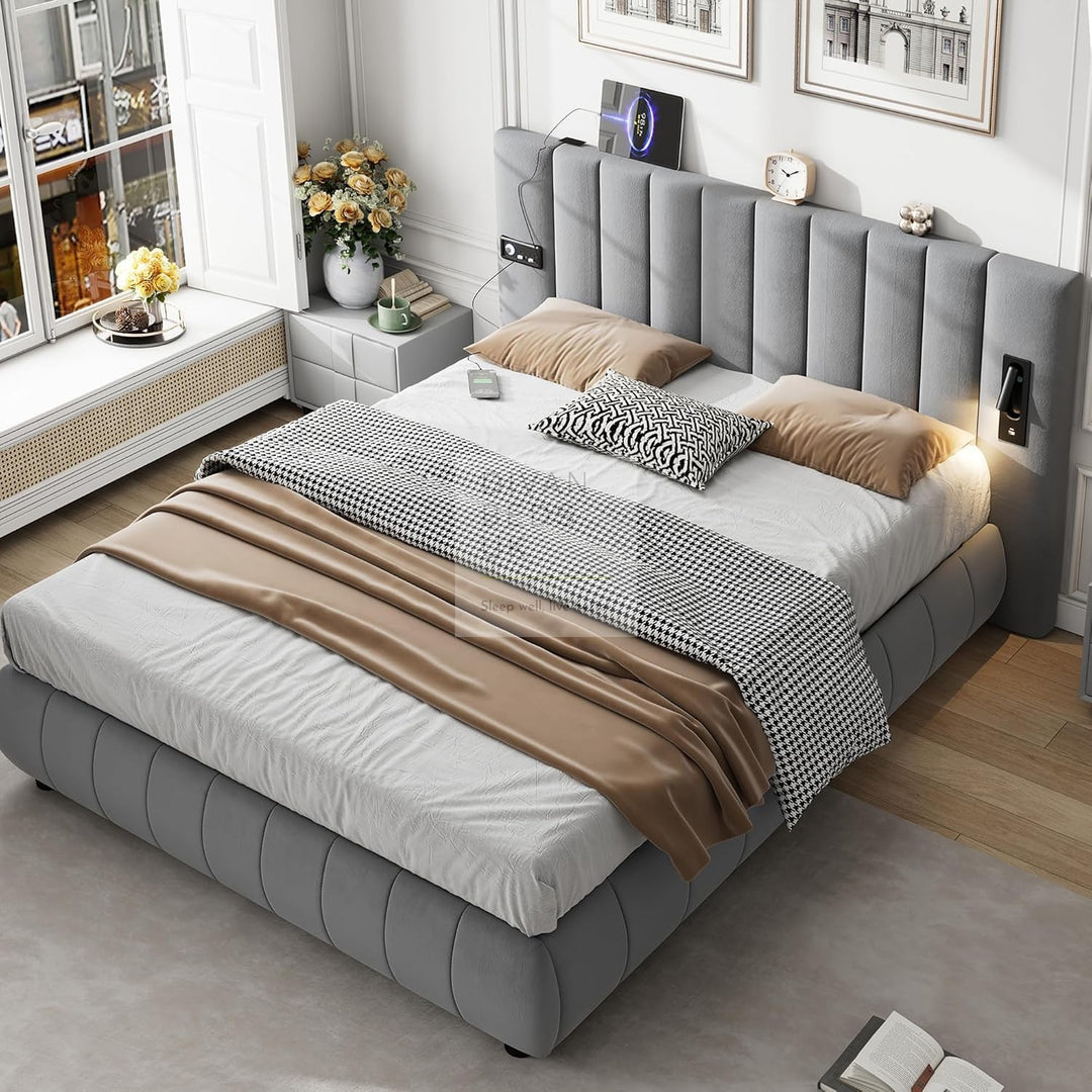 Myra Oversized Headboard Grey Velvet Smart Hotel Bed with LED Lighting, USB, Type C and Speakers