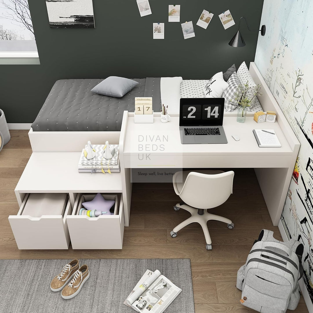 Castillo White Wooden Bed with 2 Drawers and Integrated Desk