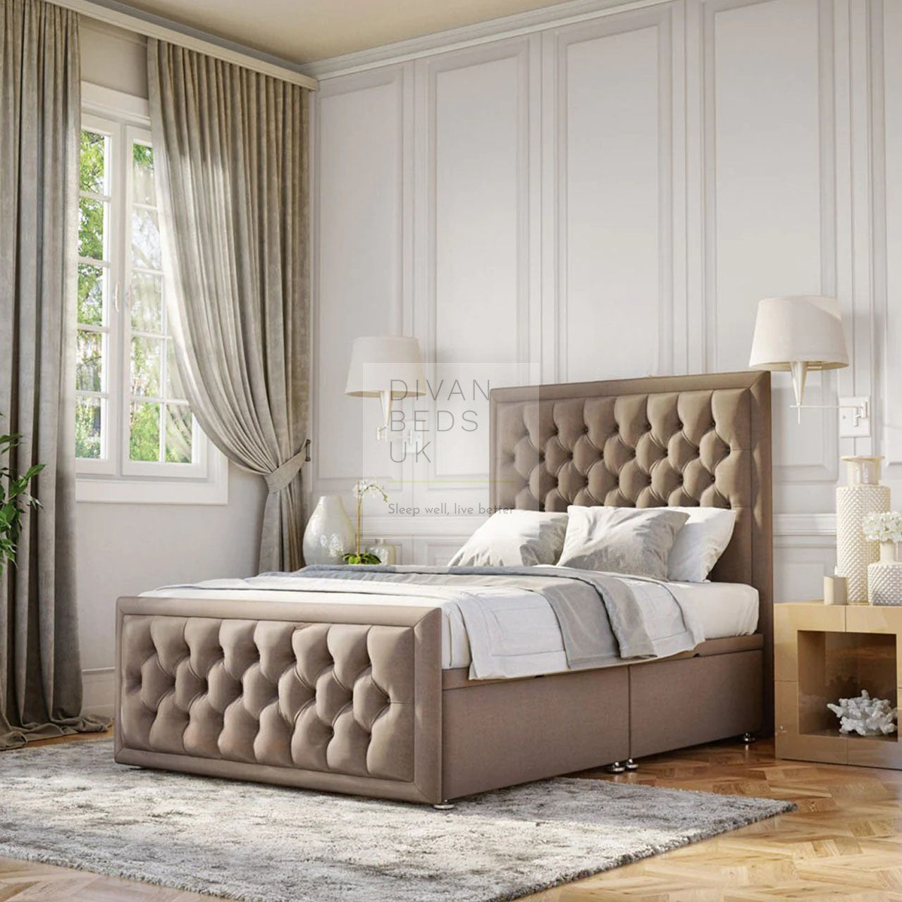 Evelyn Opulent Chesterfield Ottoman Storage Divan Bed with Floor Stand ...