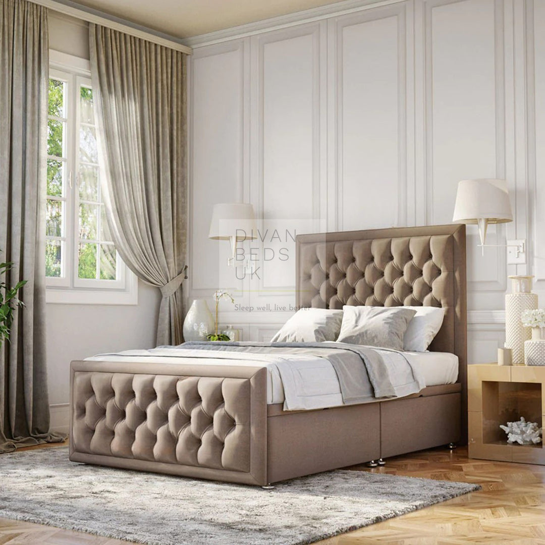 Evelyn Opulent Chesterfield Ottoman Storage Divan Bed with Floor Standing Headboard and Footboard