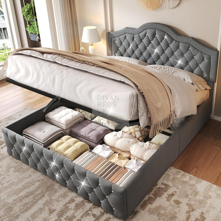 Davila Grey Plush Velvet  Diamante Crystal Bed Ottoman Storage Bed