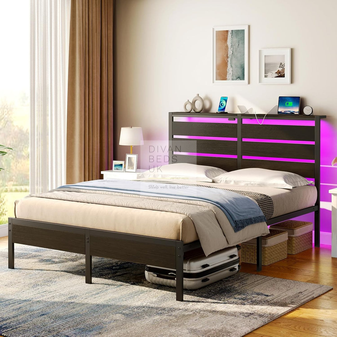 Casoria Metal Smart Bed with Charging Station Headboard, Storage Shelf, LED, USB and Type-C Ports with 4 Optional Drawers
