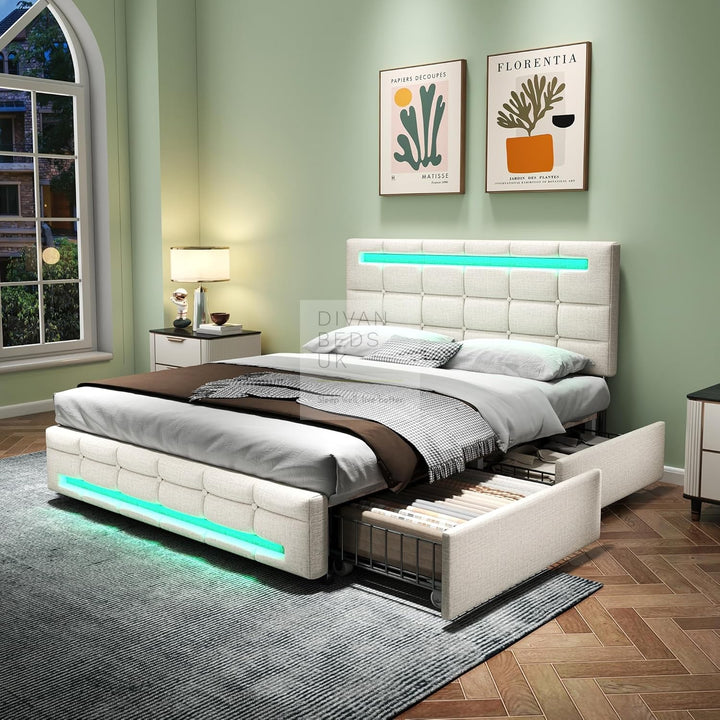 Rogelio 4 Drawer Storage Beige Charcoal Linen Smart Bed with LED Lights