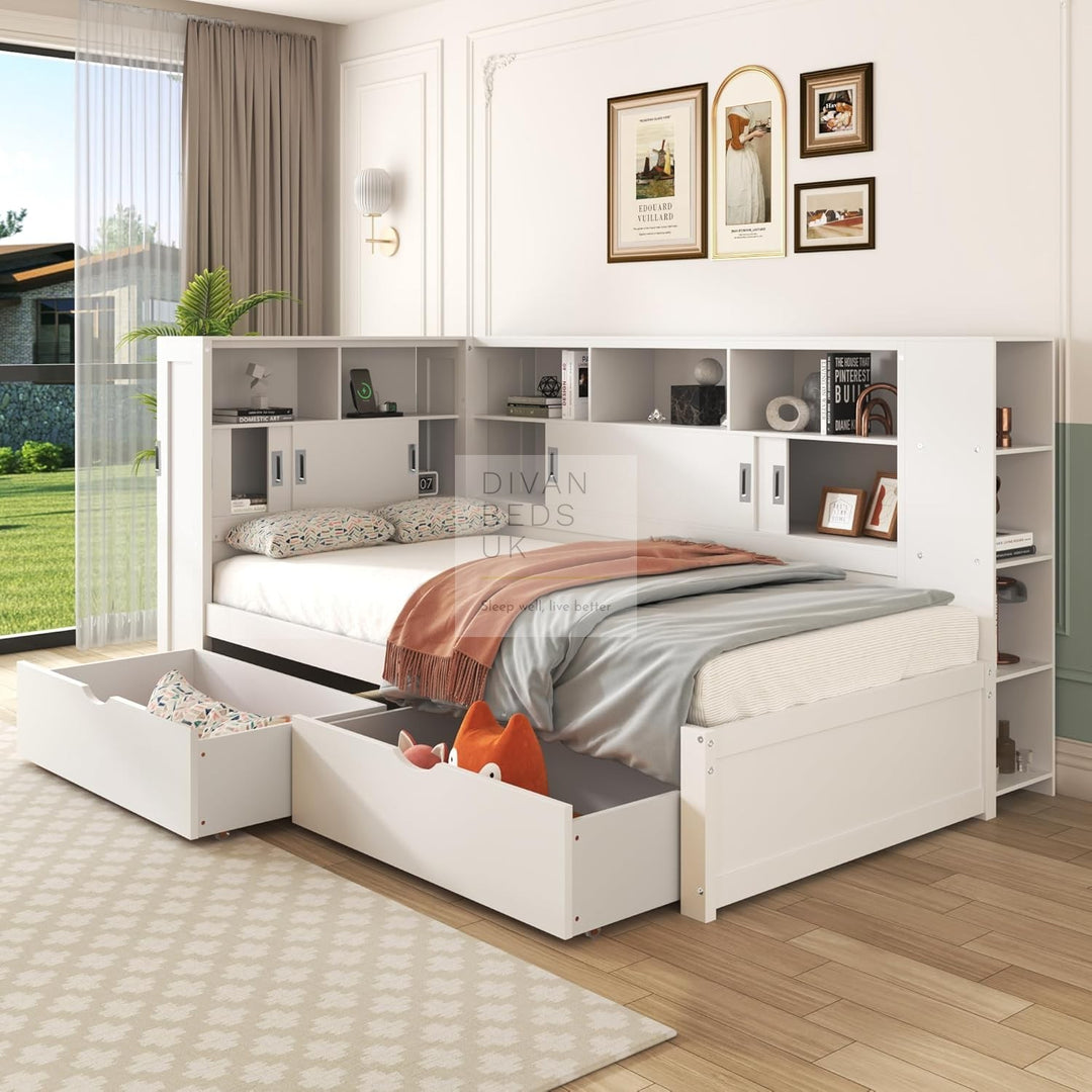 Modica White Wooden Storage Bed with 2 Drawers, Sliding Drawers and Shelves