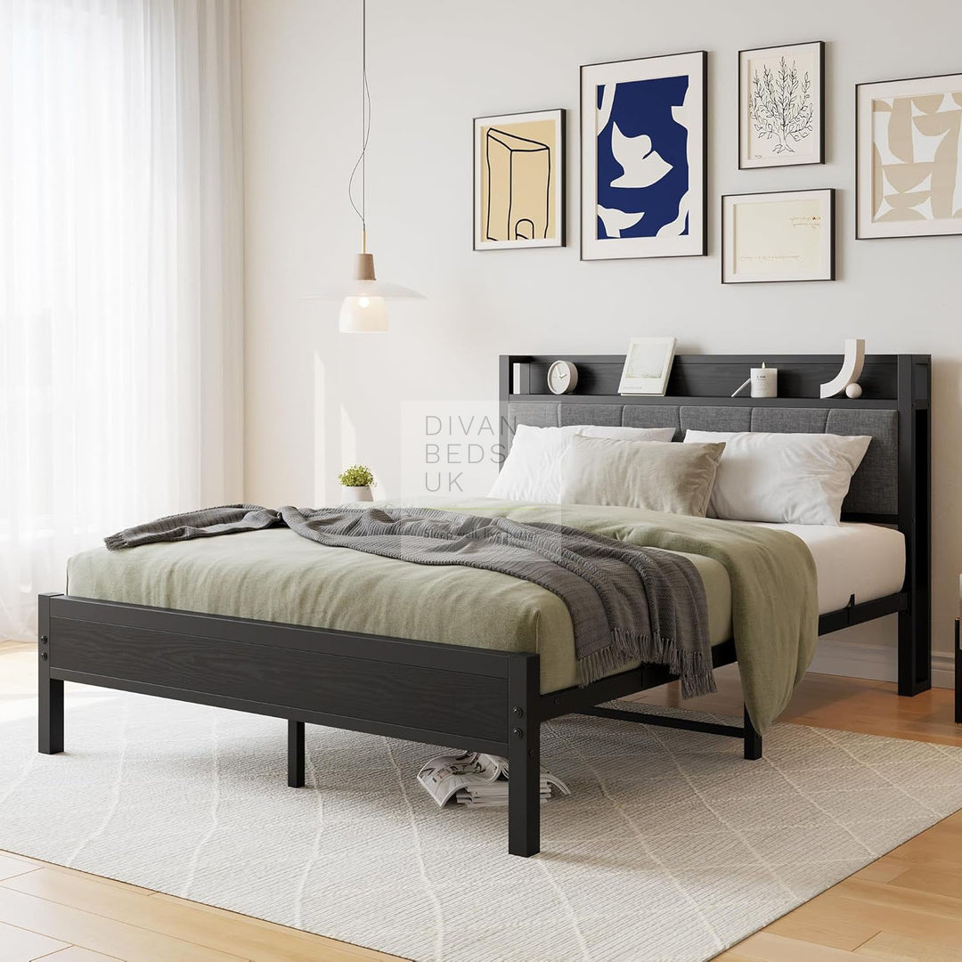 Arellano Grey Linen Black Metal Bed with Storage Headboard Shelf