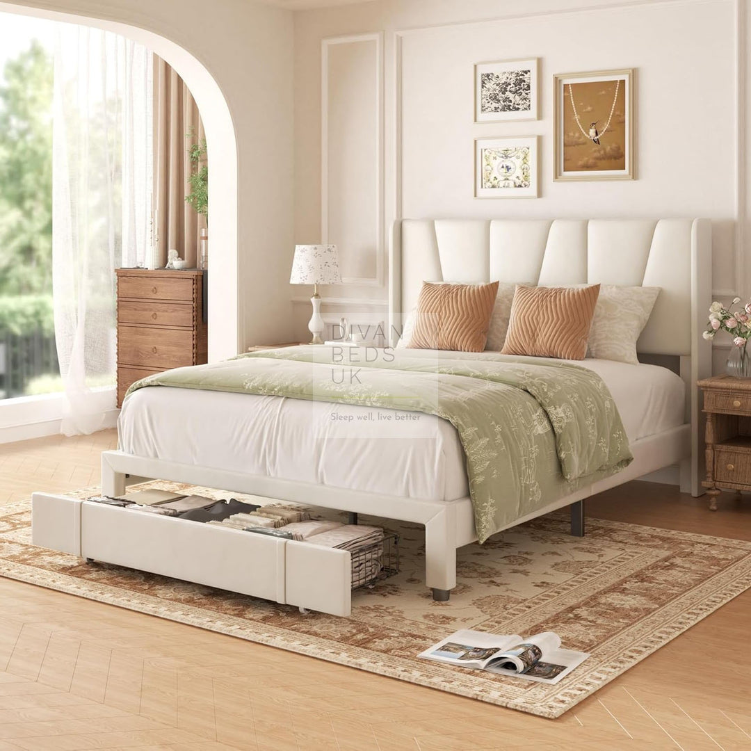 Catanzaro Wingback Beige Linen Bed Frame with Large End Drawer Storage