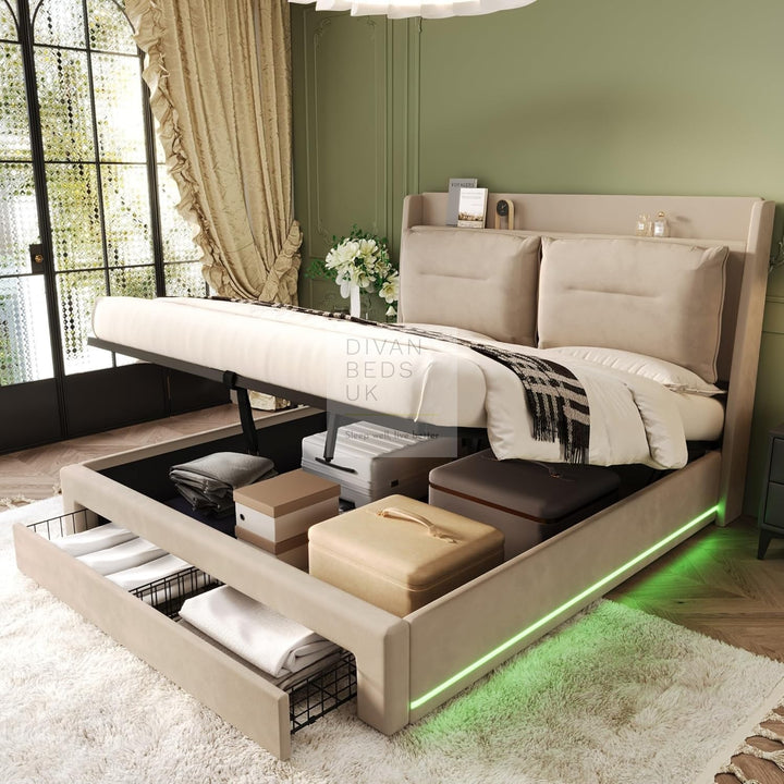 Renzo Padded Winged Headboard Beige Ottoman Smart Bed with LED Side Panels & 1 Large End Drawer