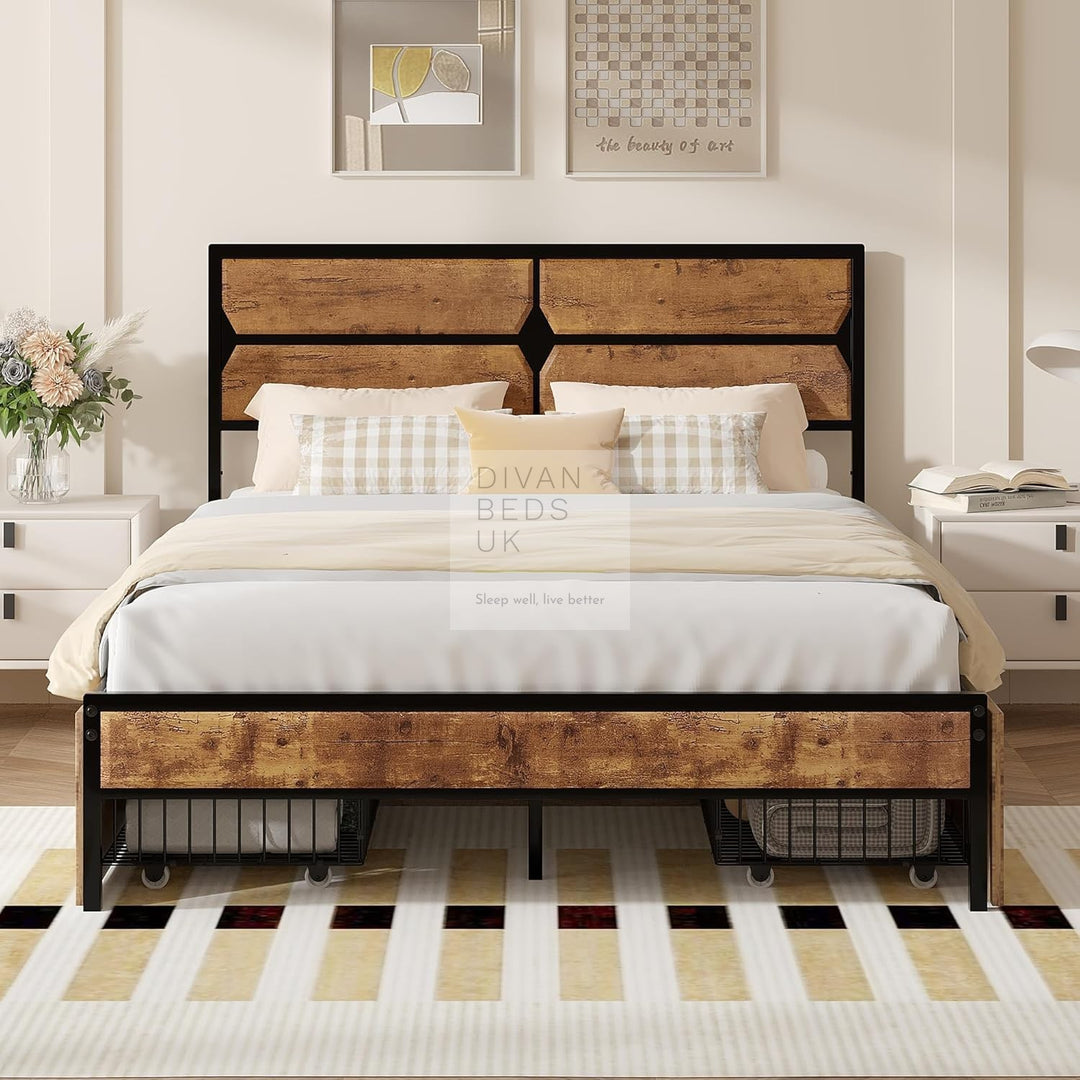 Horatio Metal Bed Rustic Wood with 4 Drawers for Underbed Storage Space