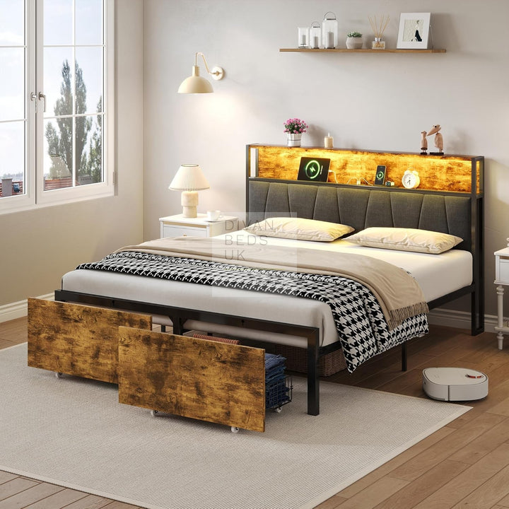 Sienna Grey Linen LED Metal Smart Bed with 2 Drawers USB, Type-C Charging Storage Headboard Shelf