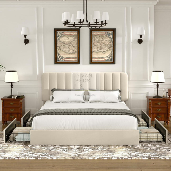 Serava 4ft6 Double Beige Plush Velvet 4 Drawer Bed with Adjustable Headboard