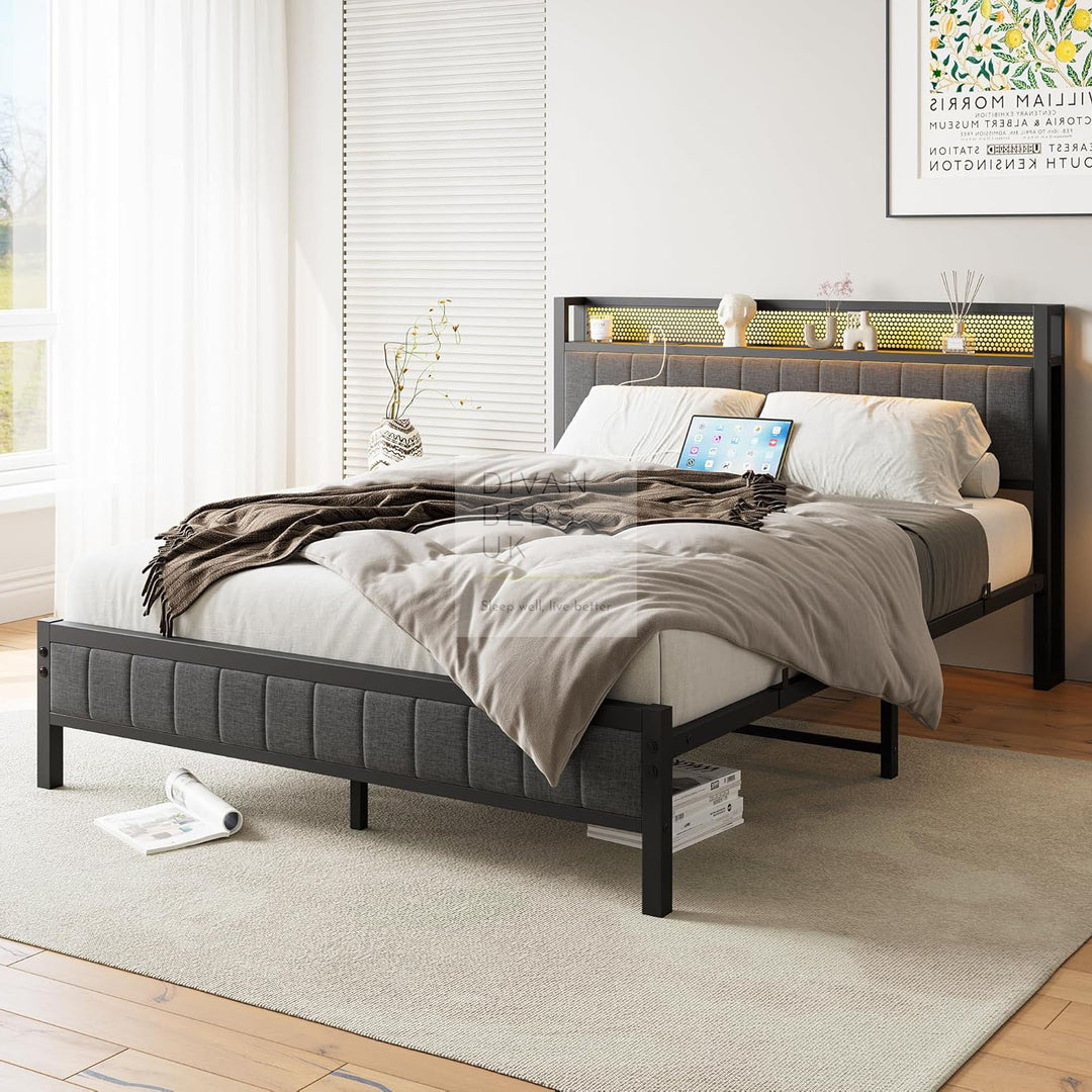 Sienna Grey Linen LED Metal Bed with USB Ports and Power Outlet Storage Headboard Shelf