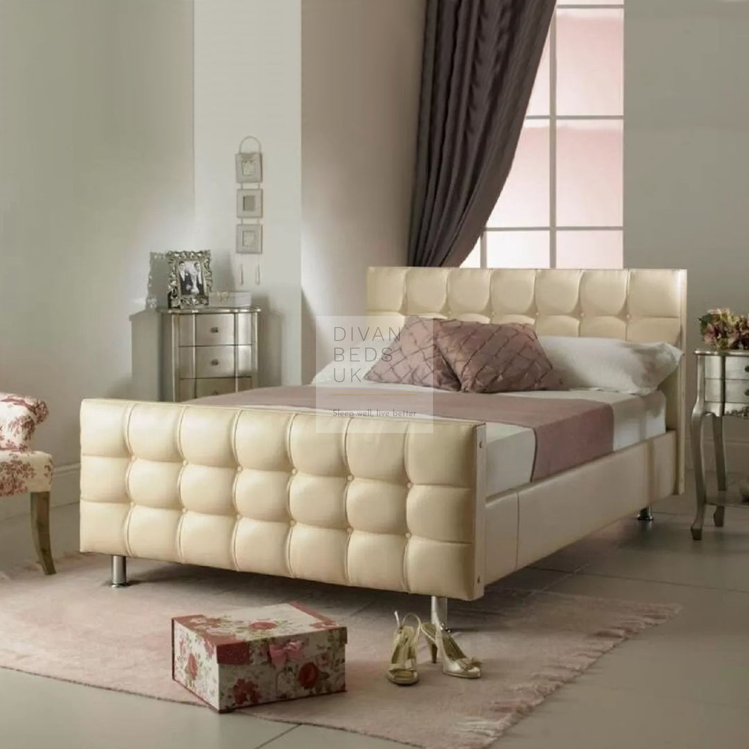 Gracelyn Cream Leather Buttoned Cube Bed Frame