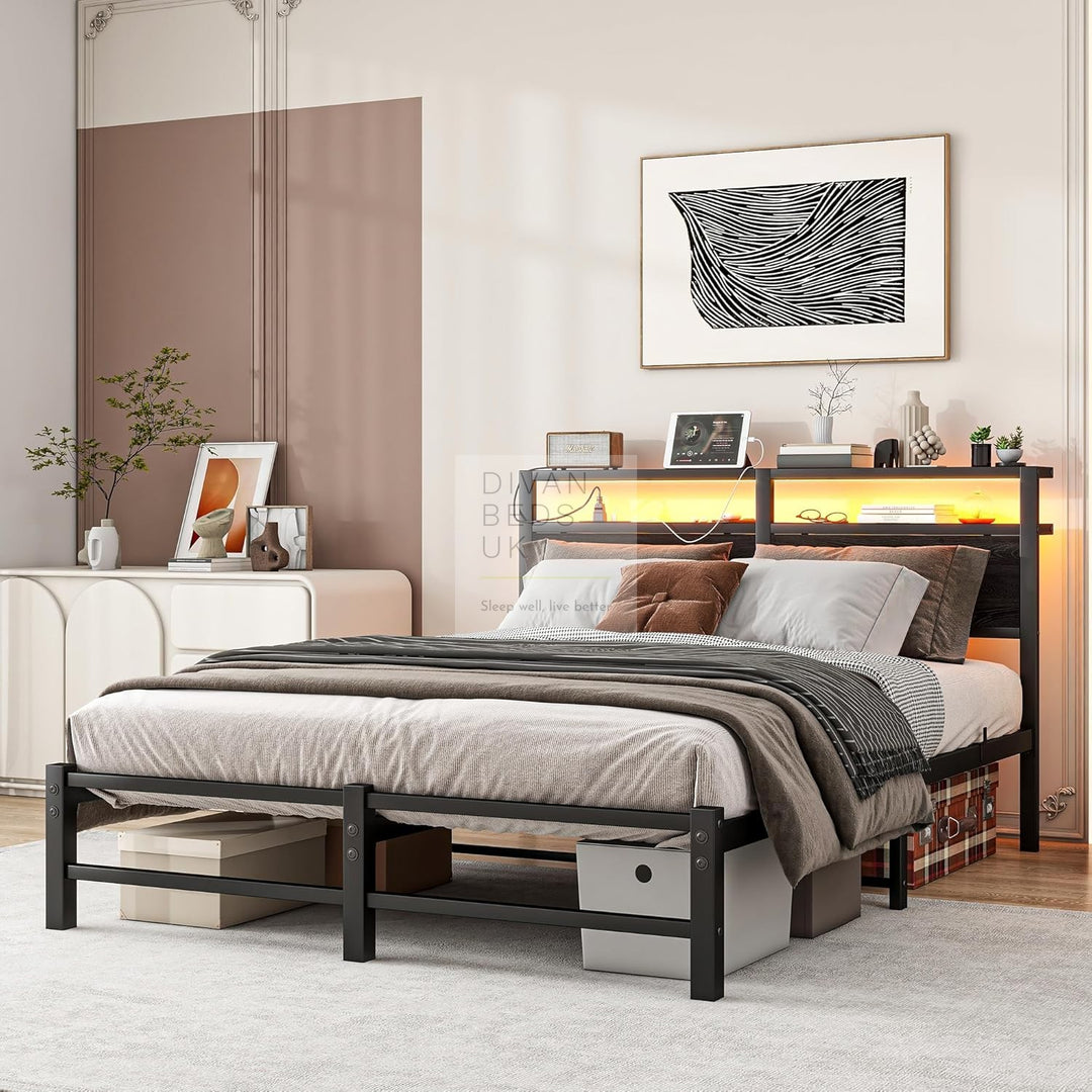 Arezzo Metal Smart Bed with Charging Station Headboard, Storage Shelves, LED, USB and Power Outlets with 4 Optional Drawers