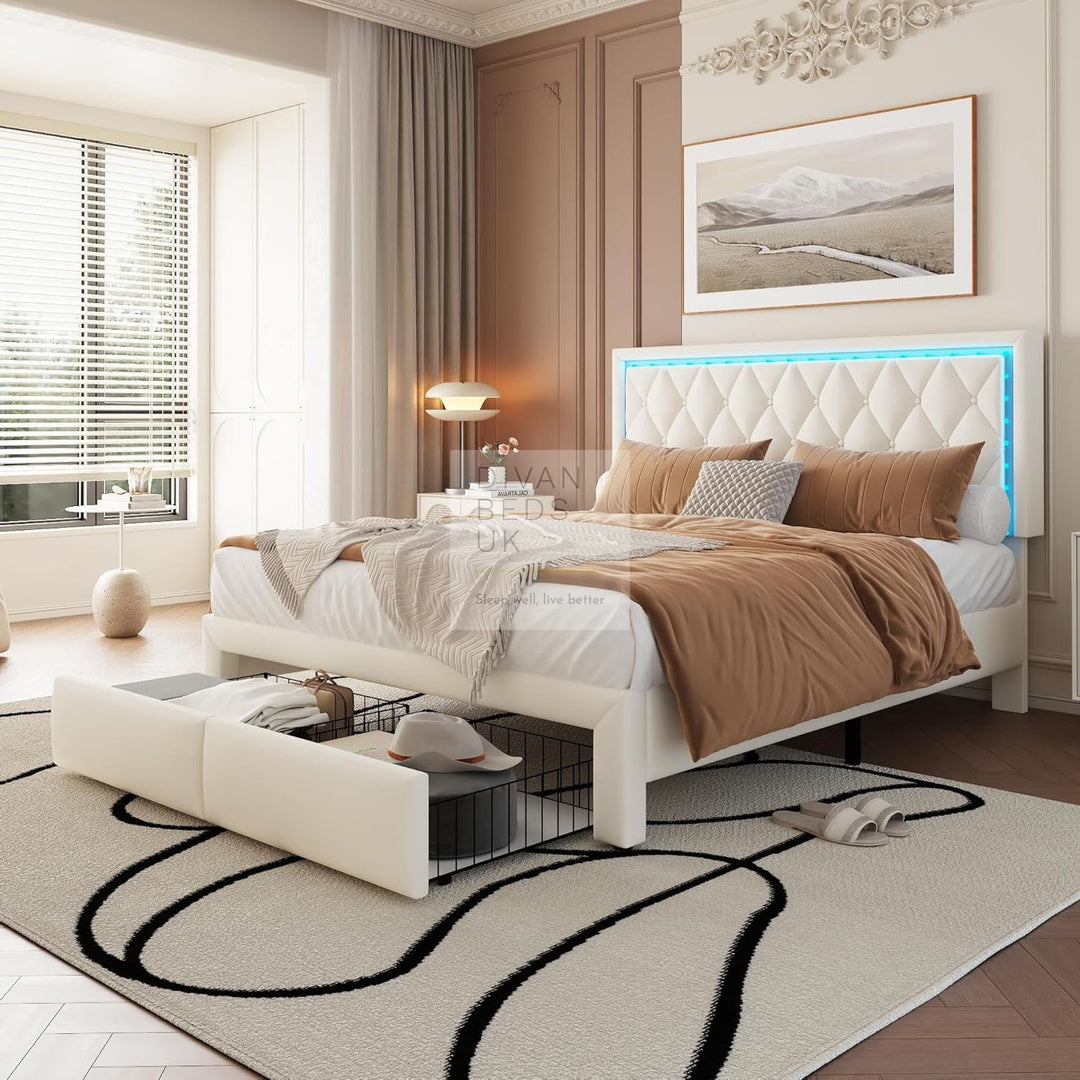 Trieste Off-White Beige Leather 2 Drawer Storage Smart Bed with LED Lighting