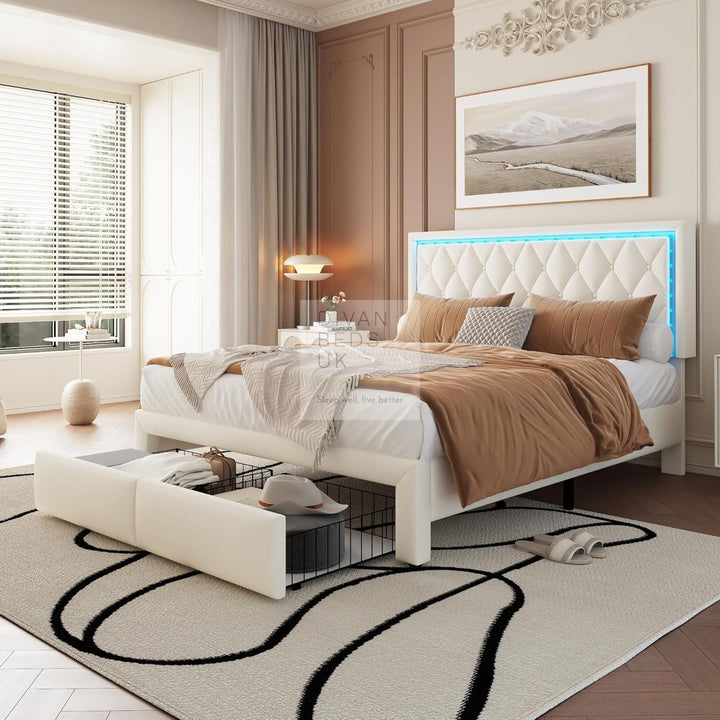 Trieste Off-White Beige Leather 2 Drawer Storage Smart Bed with LED Lighting