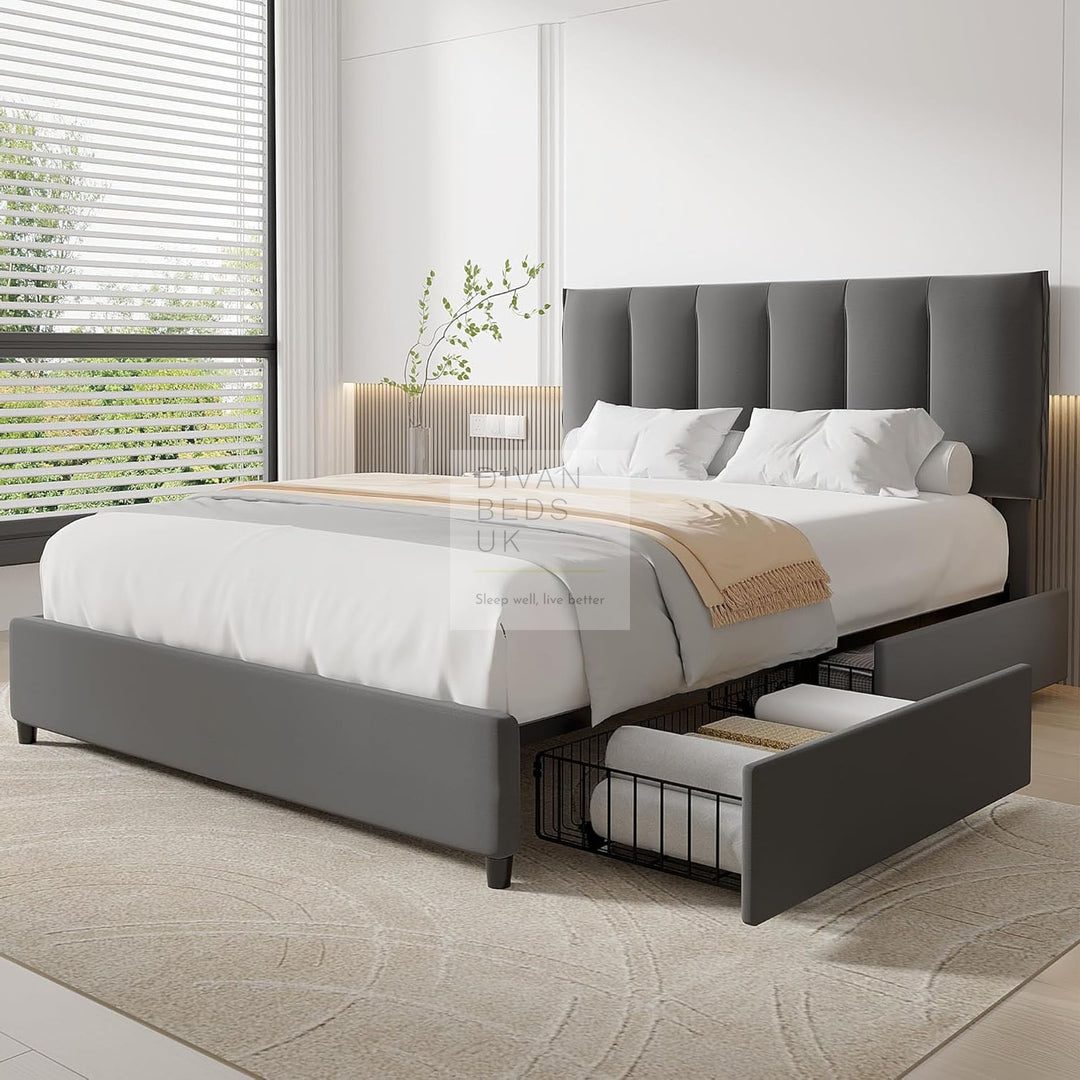 Serava Grey Plush Velvet 4 Drawer Bed with Adjustable Headboard