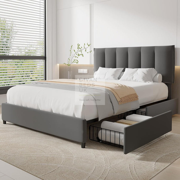 Serava Grey Plush Velvet 4 Drawer Bed with Adjustable Headboard