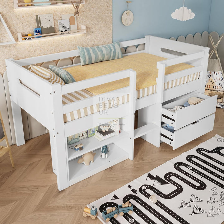 Venezia White Wooden Mid Sleeper Cabin Bunk Kids Bed with 2 Drawers and Ladder