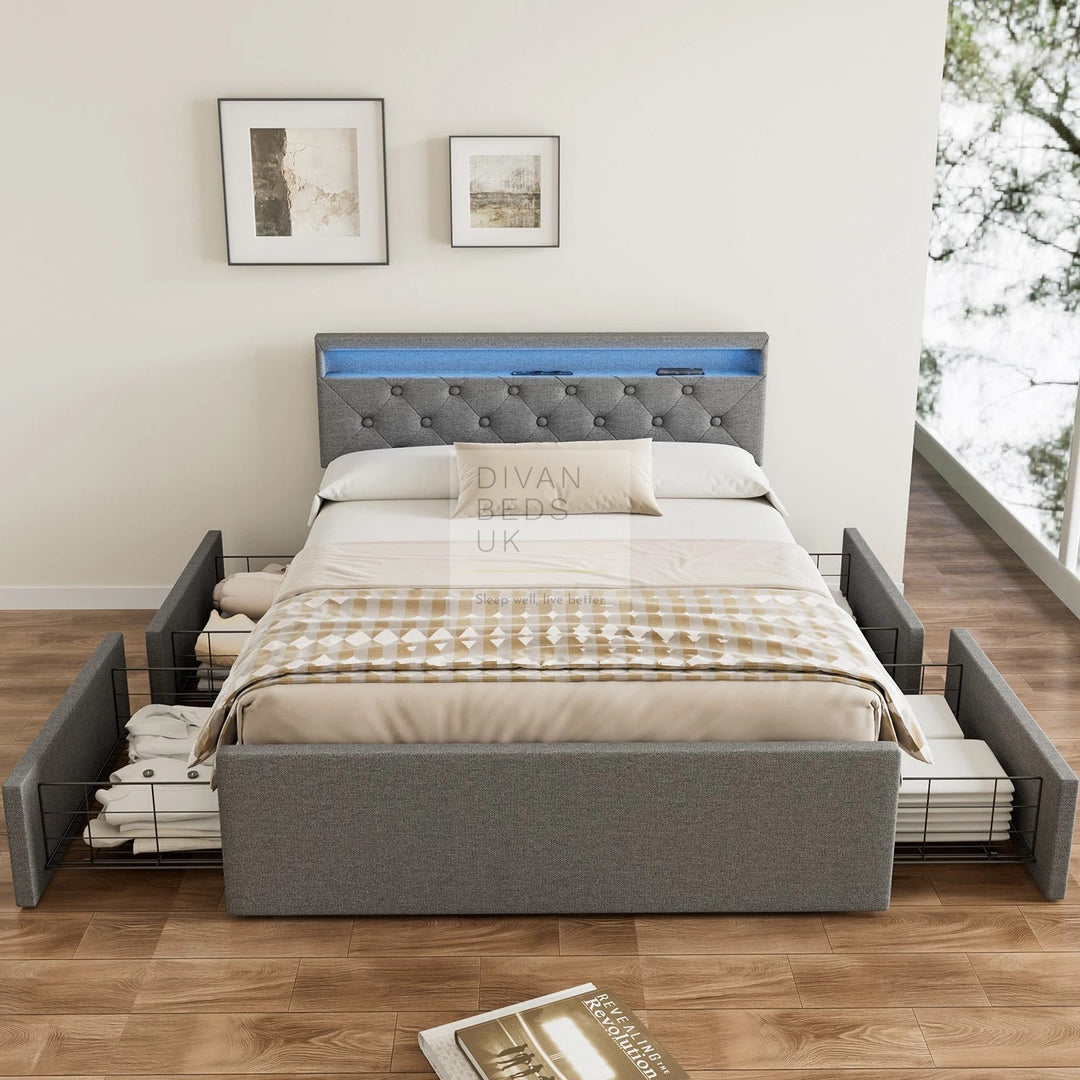 Livorno Grey Linen 4 Drawer Storage Smart Bed with LED Lighting, Power Outlets, USB, Bluetooth Speakers and Headboard Shelf