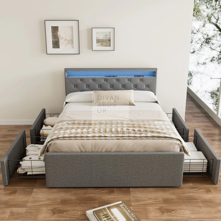 Livorno Grey Linen 4 Drawer Storage Smart Bed with LED Lighting, Power Outlets, USB, Bluetooth Speakers and Headboard Shelf
