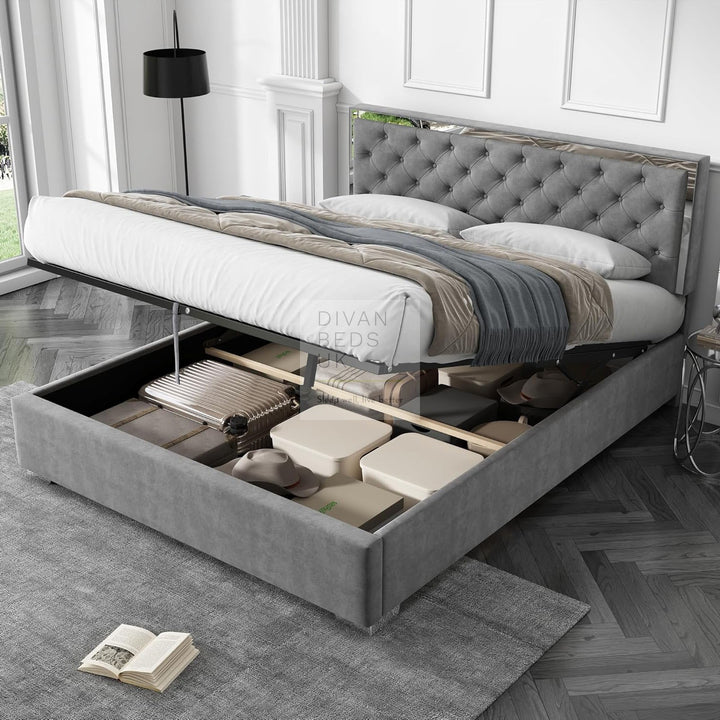 Benitez Grey Plush Velvet Steel Reflection Bed Ottoman Storage Bed