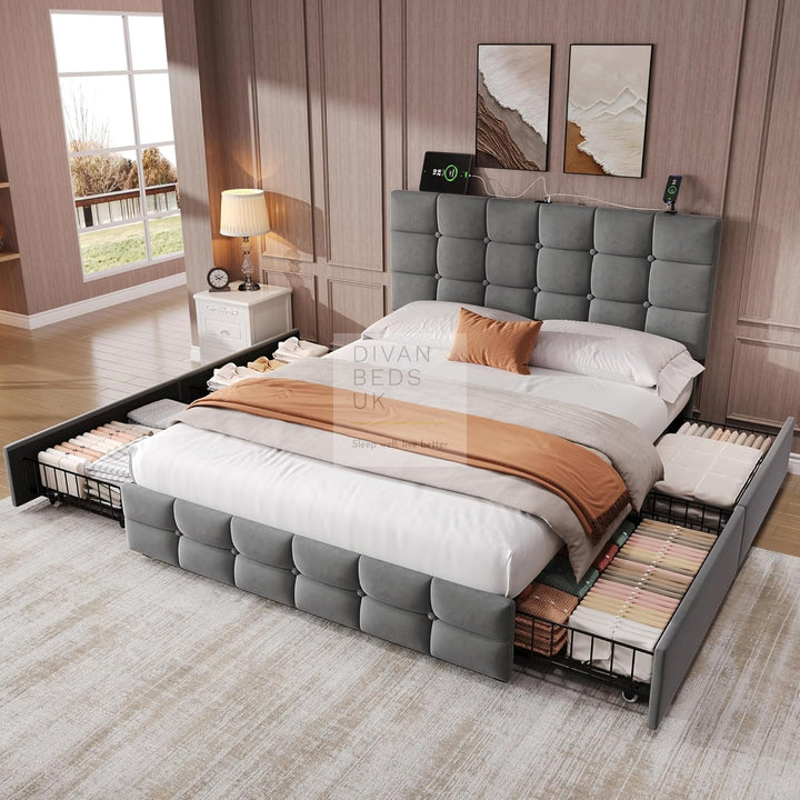 Vicente 4 Drawer Soft Grey Velvet Smart Bed with Type C and USB Charging Adjustable Headboard Shelf