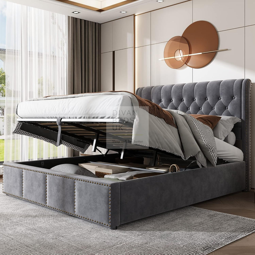 Dangelo Grey Plush Velvet Ottoman Storage Sleigh Bed Frame with Optional Storage Box