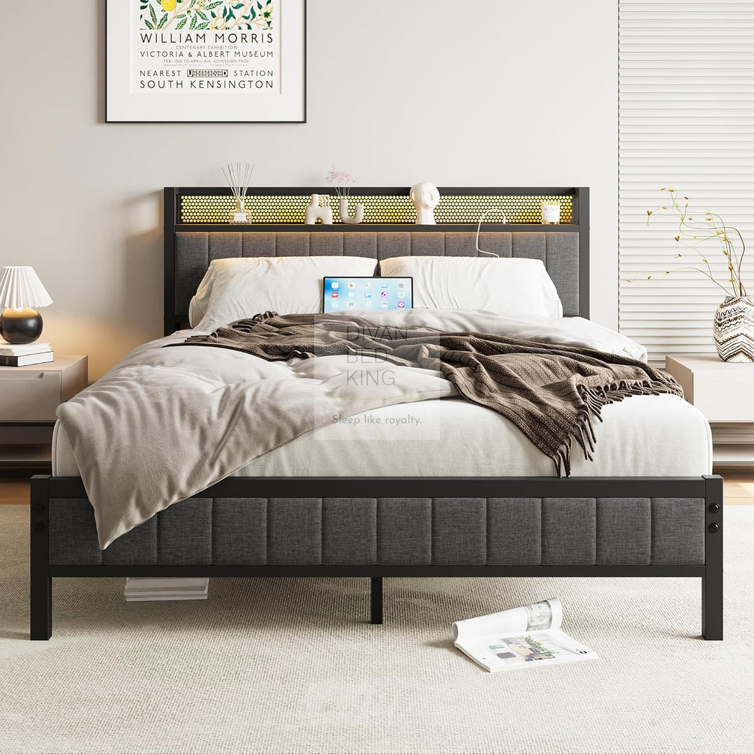 Vicenza Metal Bed Frame with LED Grey Linen Headboard, Shelves, Power Outlet, USB Charging & Optional Drawers