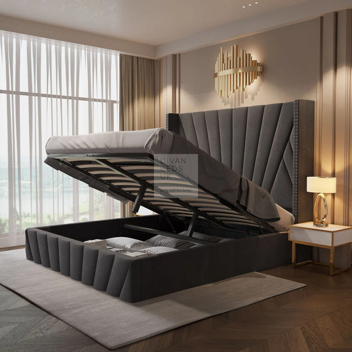 Veneto Grey Luxury Upholstered Headboard Ottoman Storage Bed Frame