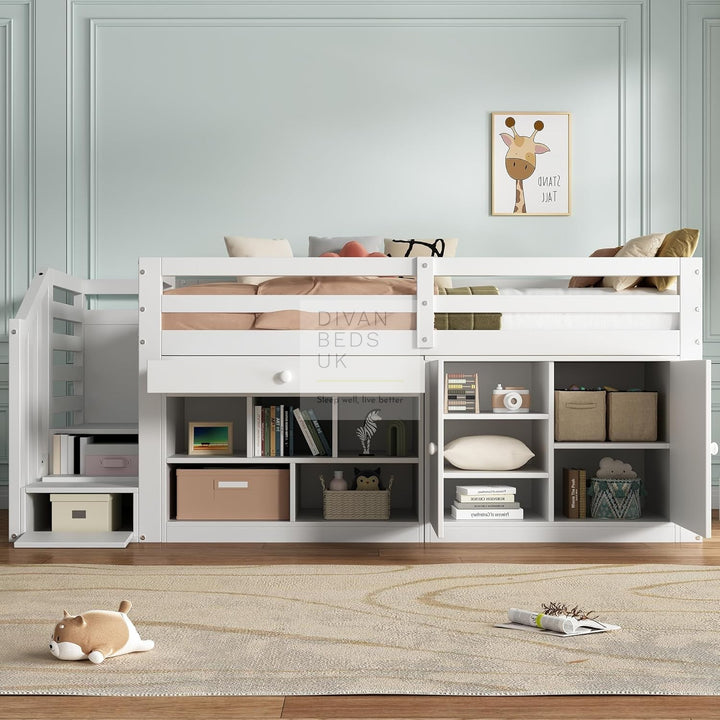 Vicenza Wooden Mid Sleeper Cabin Bunk Kids Bed with Integrated Desk, 2 Drawers, Ladder and Stair Access
