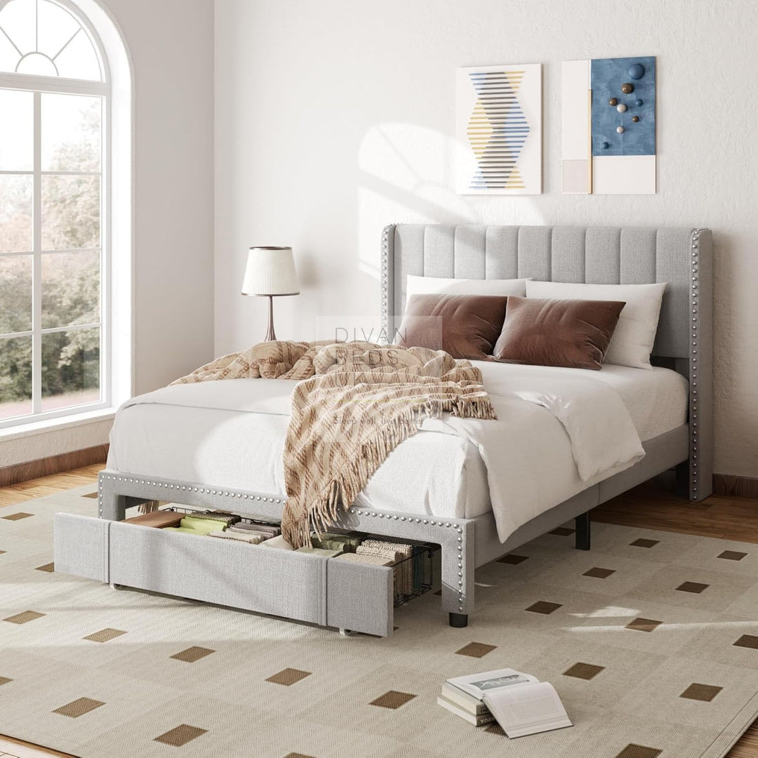 Catania Wingback Panel Headboard Grey Linen Bed with & 1 Large End Drawer Storage