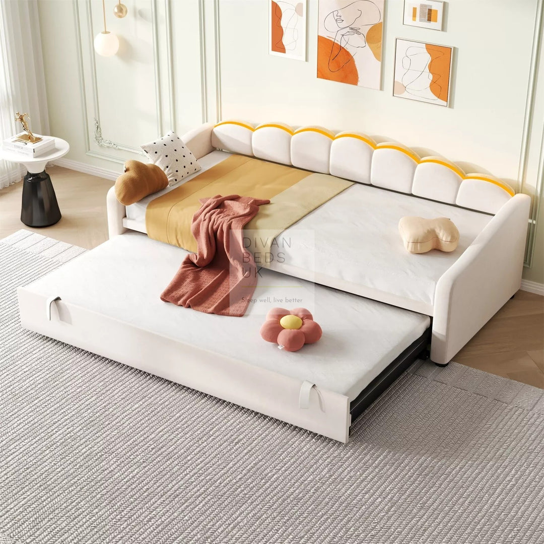 Elina Beige Plush Velvet Trundle Guest Sofa Bed with LED Lighting
