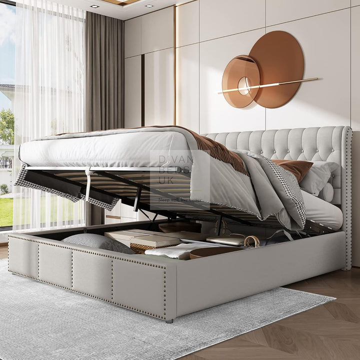 Dangelo Grey Linen Ottoman Storage Sleigh Bed Frame with Optional Storage Box