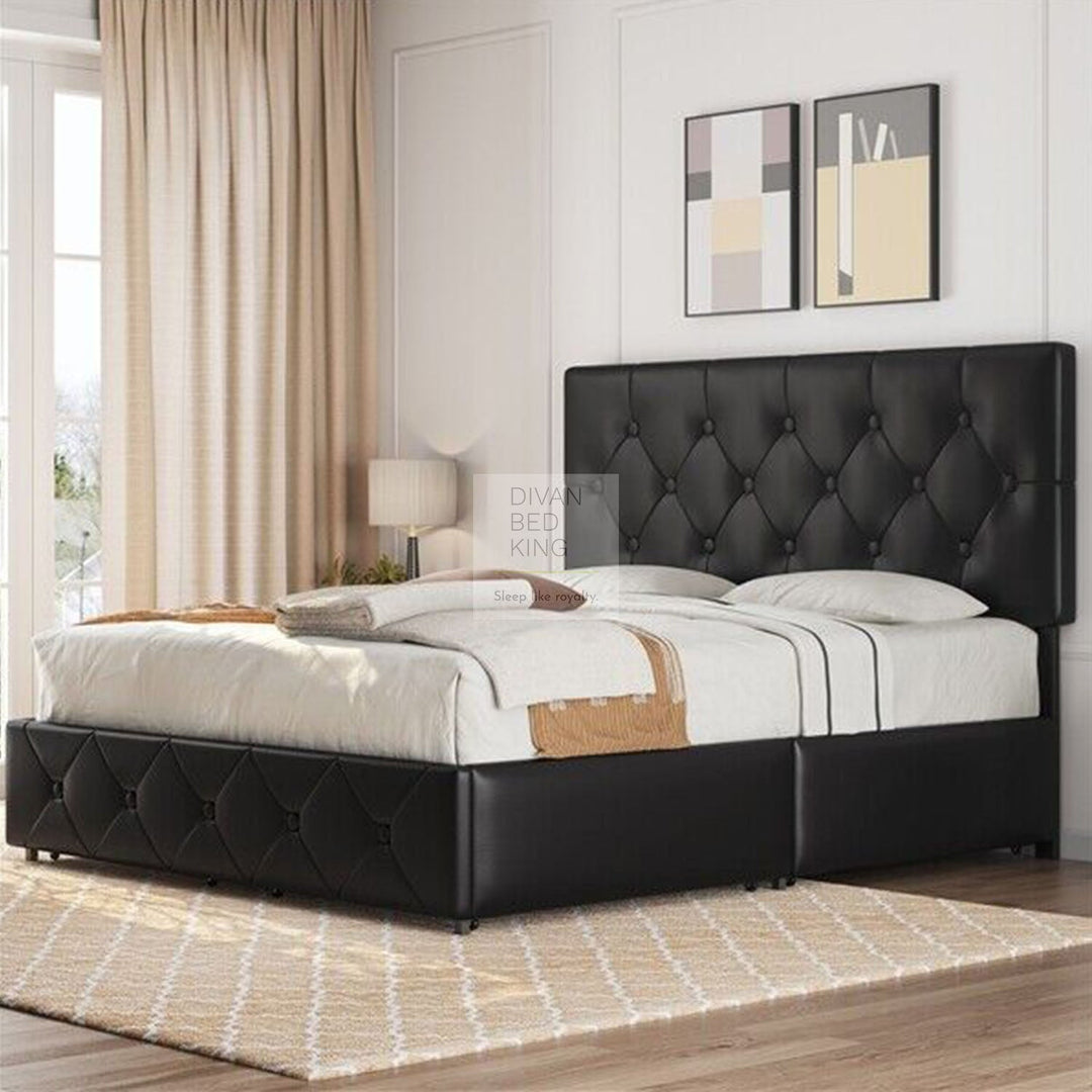 Emma Black Leather 2 Drawer Buttoned Bed Frame