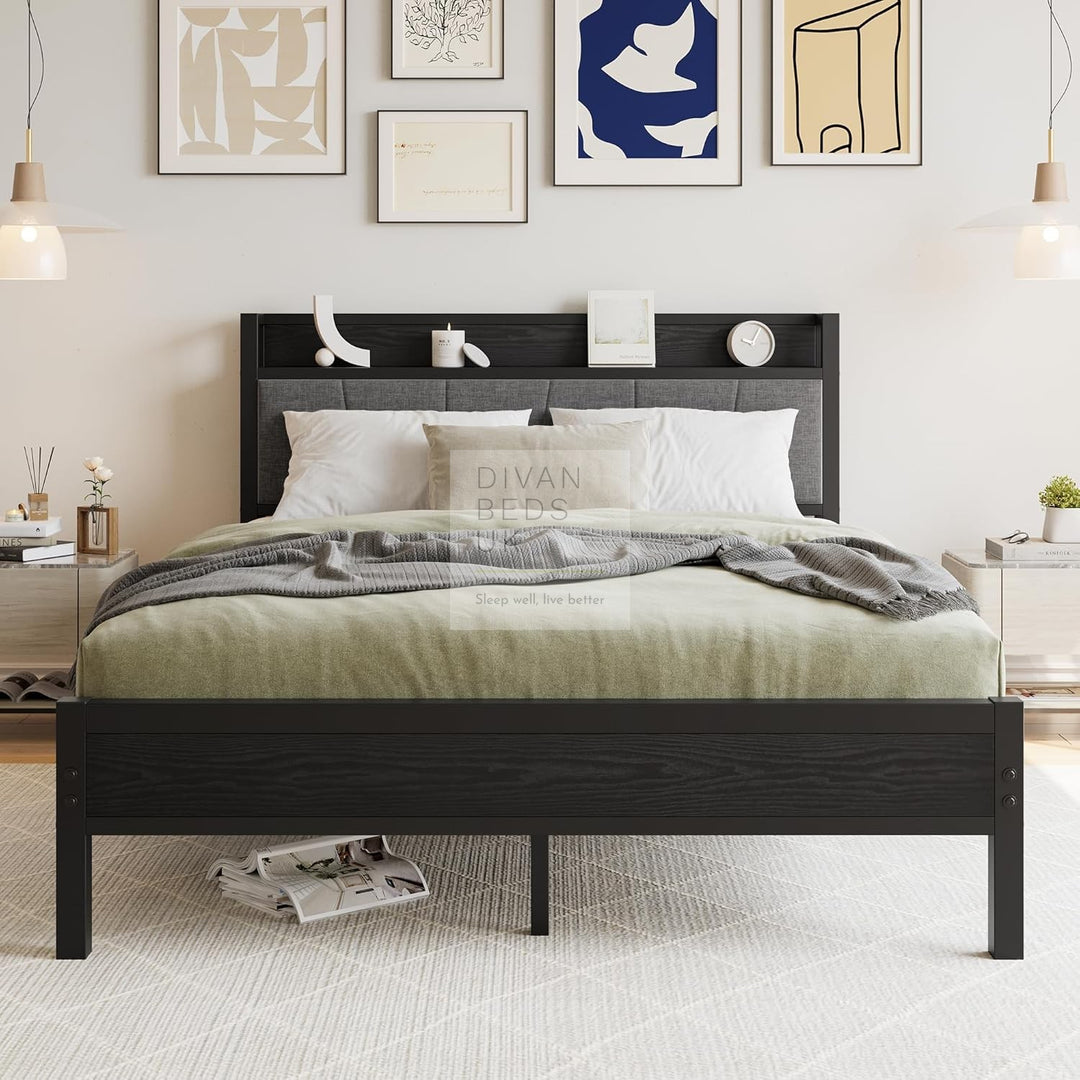 Arellano Grey Linen Black Metal Bed with Storage Headboard Shelf