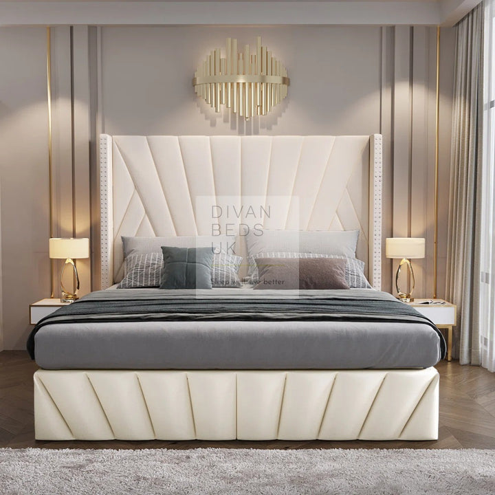 Veneto Cream Beige Luxury Upholstered Headboard Ottoman Storage Bed Frame