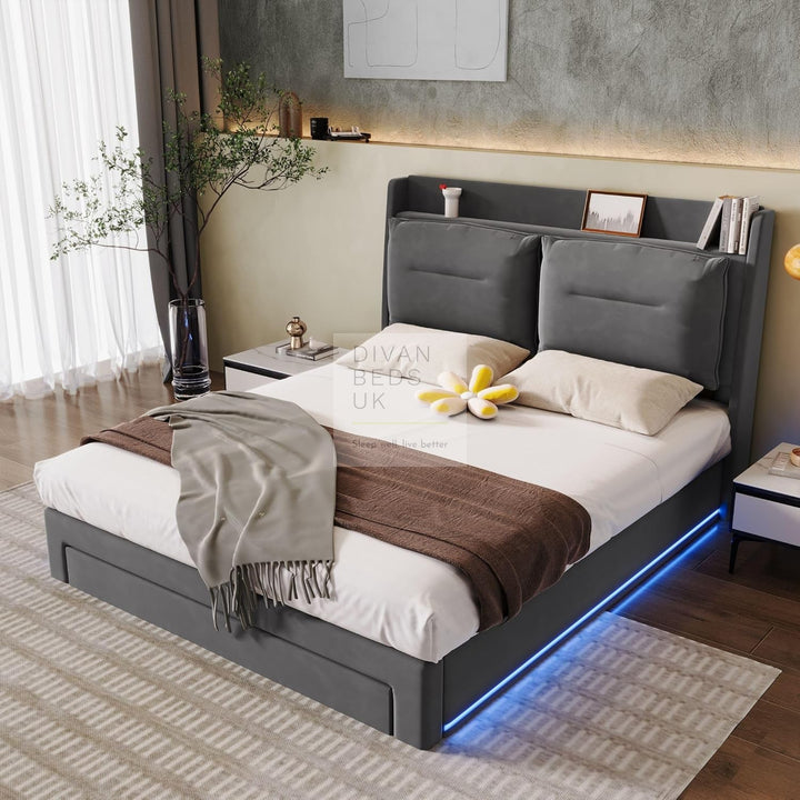 Renzo Padded Winged Headboard Grey Ottoman Smart Bed with LED Side Panels & 1 Large End Drawer