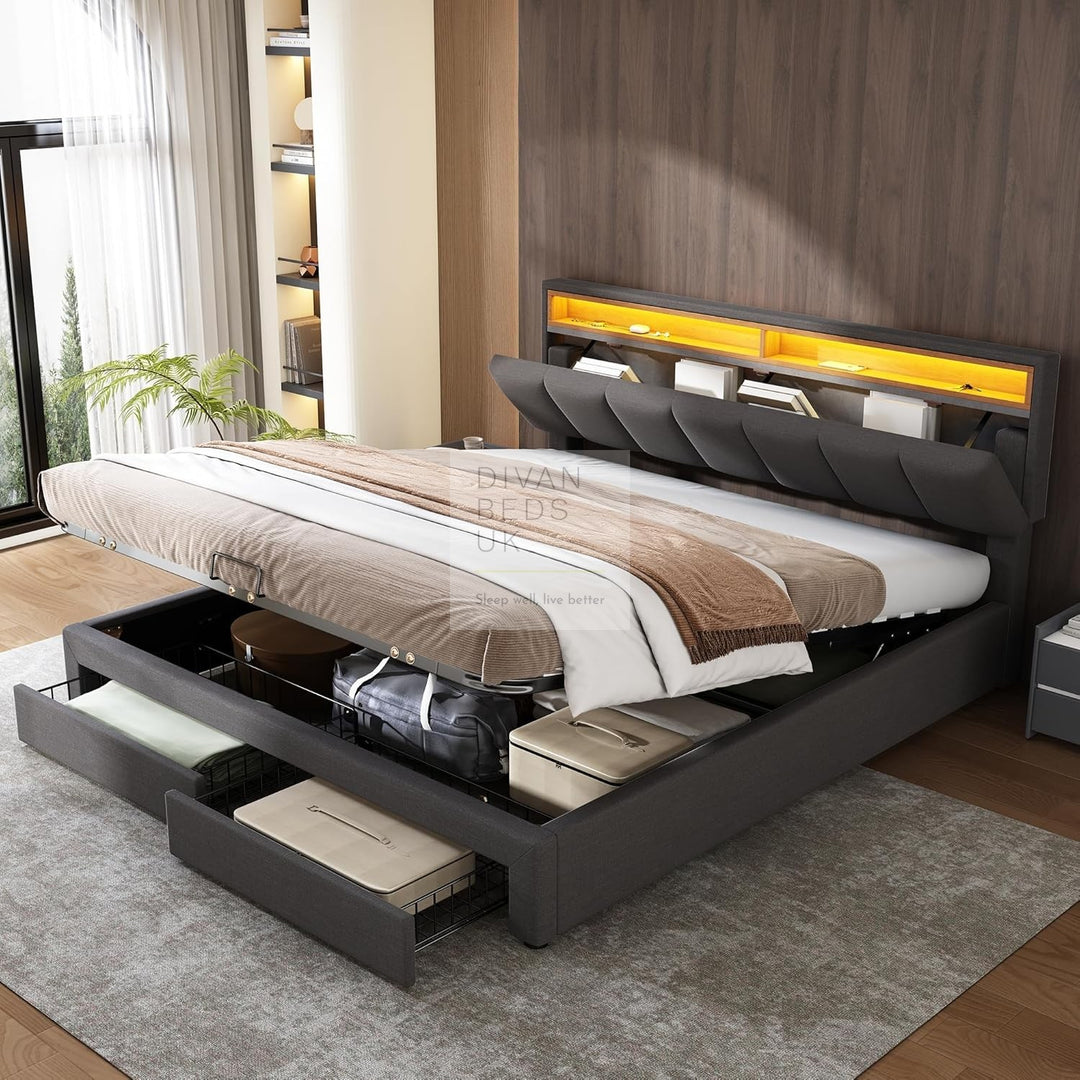 Aarya Charcoal Grey Linen 2 Drawer Ottoman Storage Bed with LED Lights & Headboard Shelf