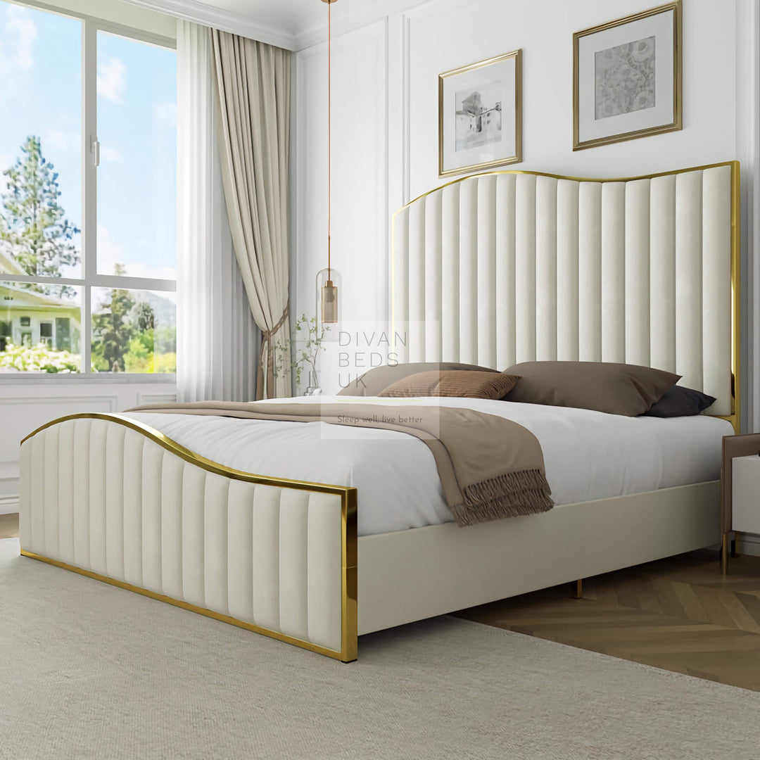 Harp Gold Metal Framed Luxury Cream Upholstered Designer Bed Frame